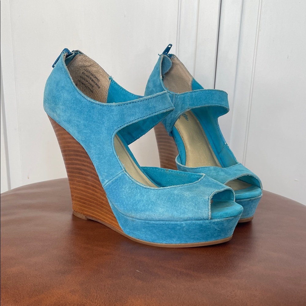 Seychelles Teal Suede Peep-Toe Wood Wedge Sandals Sz8
